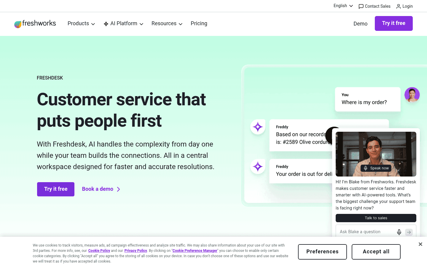 Freshdesk homepage showing their AI-powered customer service platform, as taken from Freshdesk