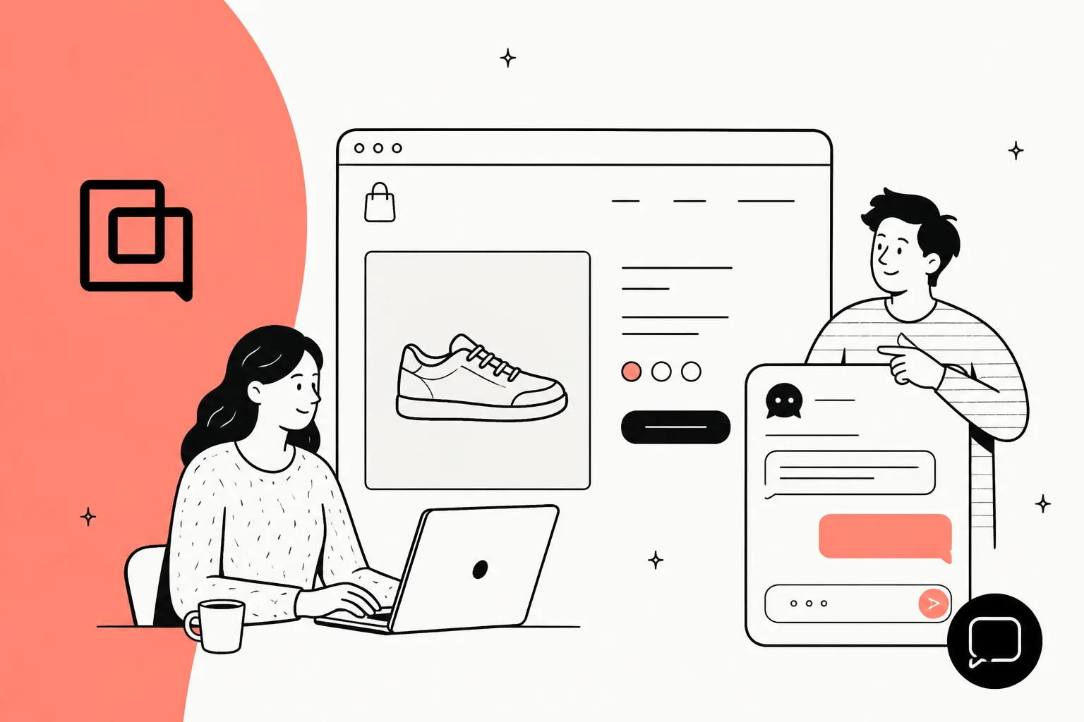 Illustration of a Gorgias live chat widget on a Shopify storefront