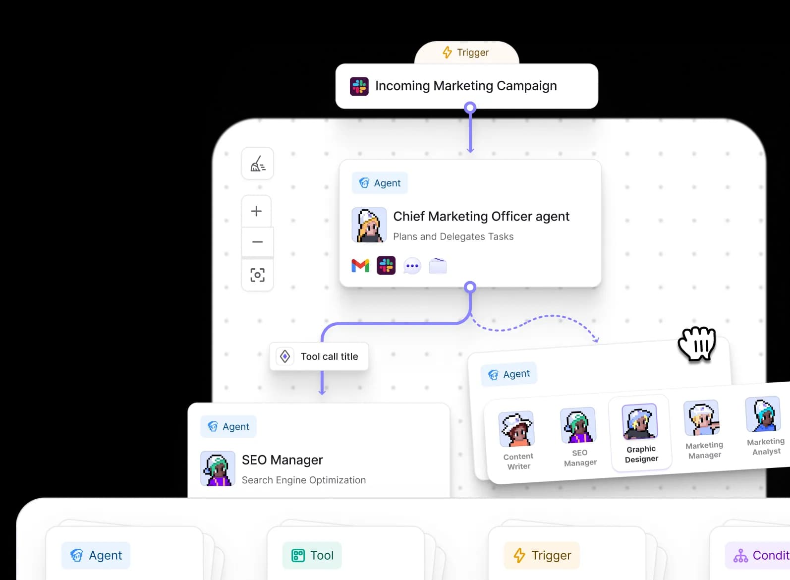 Relevance AI's multi-agent workforce builder, with a manager agent delegating to specialist agents