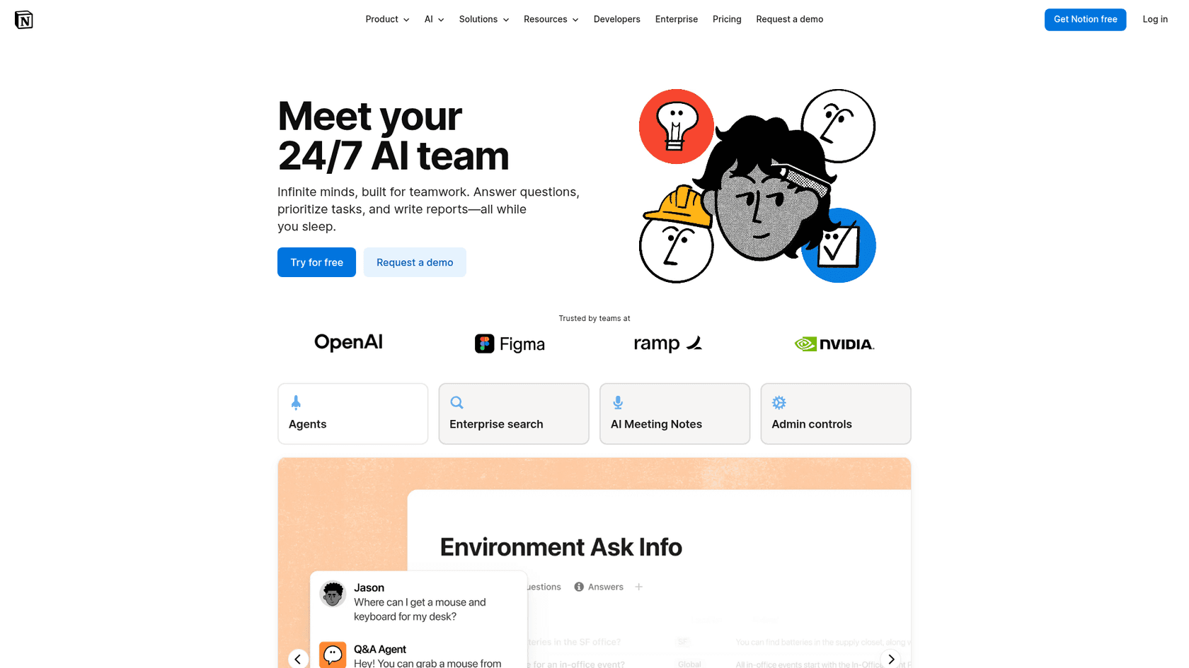 Notion AI product page showing Q&A over workspace and the Notion Agent, as taken from Notion