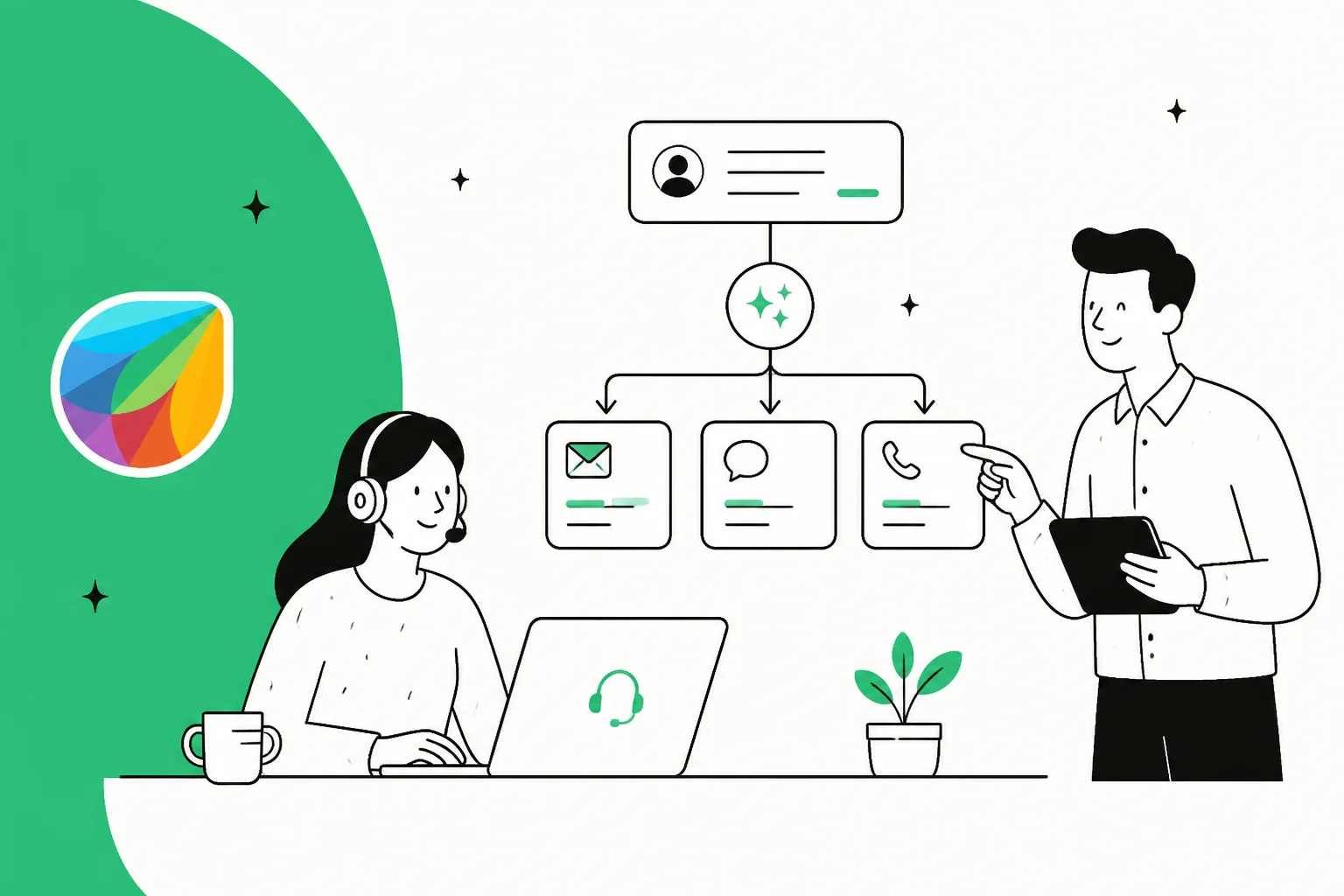 Illustration of AI-powered ticket automation workflows in Freshdesk green