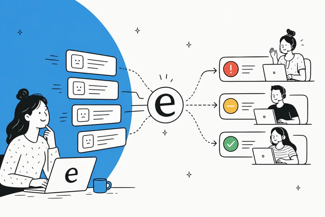 Editorial illustration of support tickets being automatically sorted, categorized, and routed into priority lanes