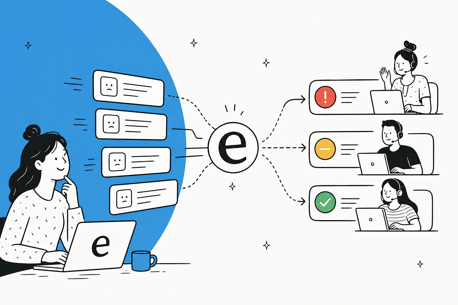 Editorial illustration of support tickets being automatically sorted, categorized, and routed into priority lanes