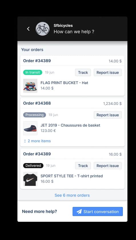 Gorgias order management widget inside a ticket, showing In transit and Processing badges, as taken from Gorgias