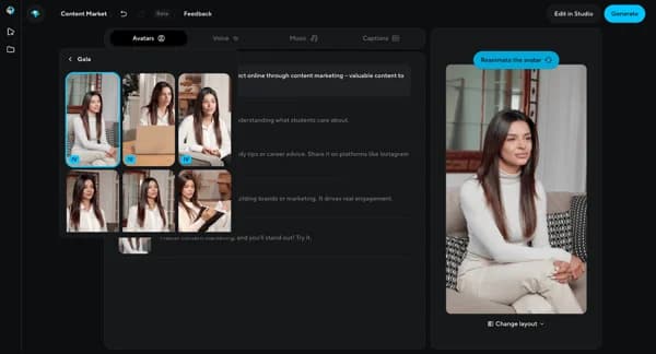HeyGen's avatar selection interface (Content Market) showing multiple avatar poses and a preview panel -- G2 rates HeyGen's avatar quality at 9.2/10, as taken from G2