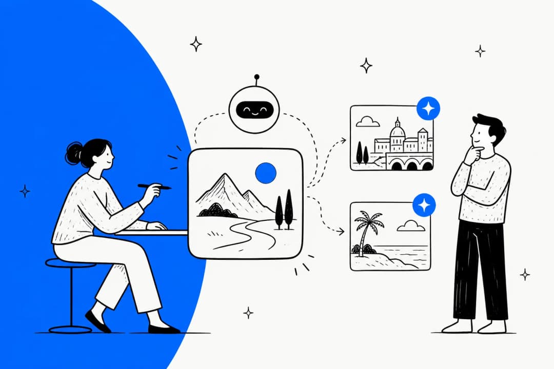 Editorial hero illustration for Meta's Muse Image, an agentic AI image generation model, in Meta blue
