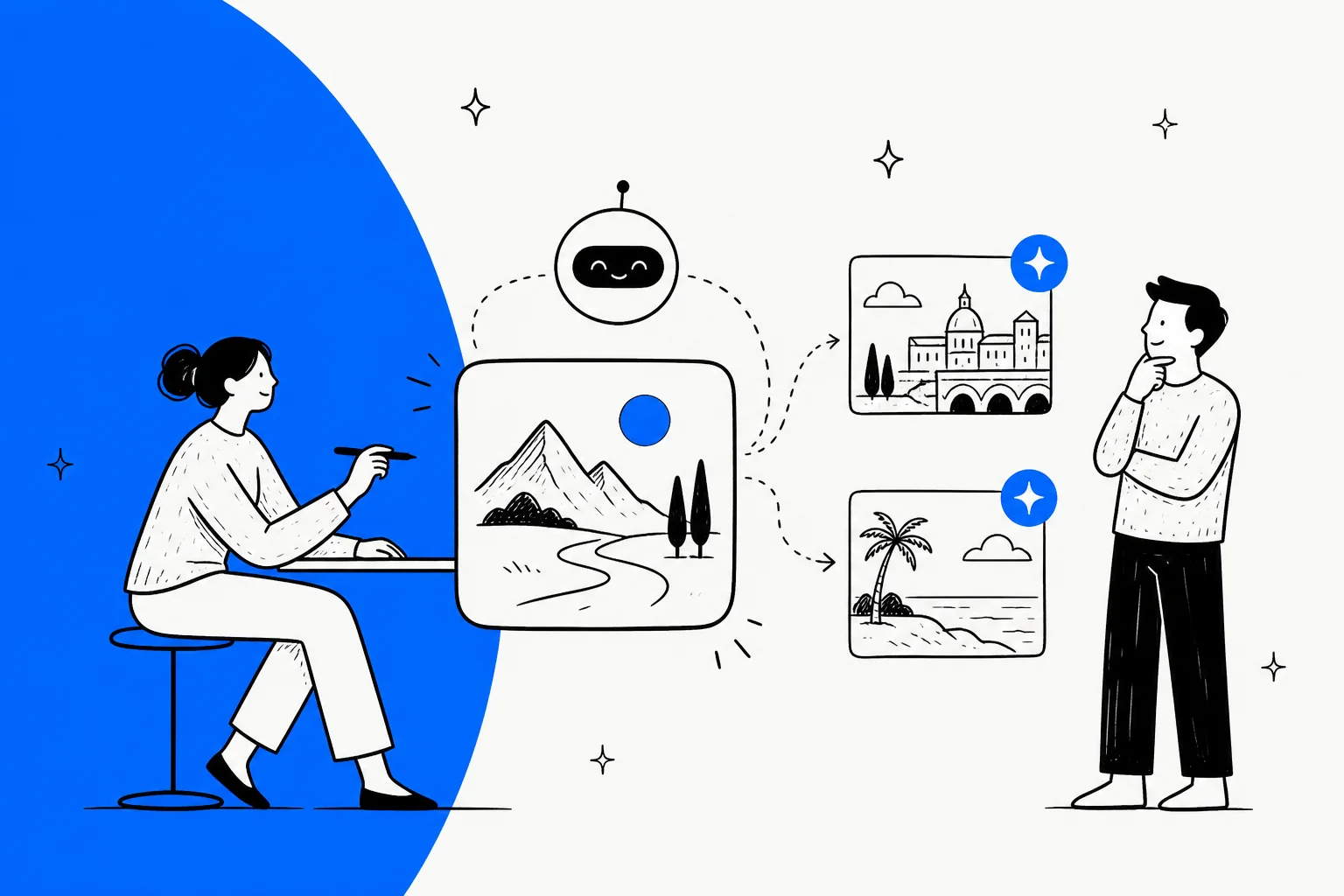 Editorial hero illustration for Meta's Muse Image, an agentic AI image generation model, in Meta blue