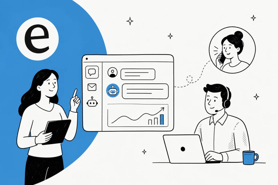 Illustration of digital customer service software connecting channels, a shared inbox, and an AI agent