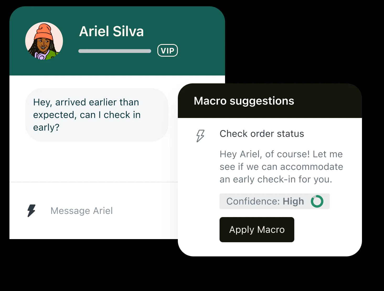 Zendesk macro suggestions panel showing "Check order status" with Confidence: High, demonstrating the AI assist layer available inside the ticket workspace, as taken from G2