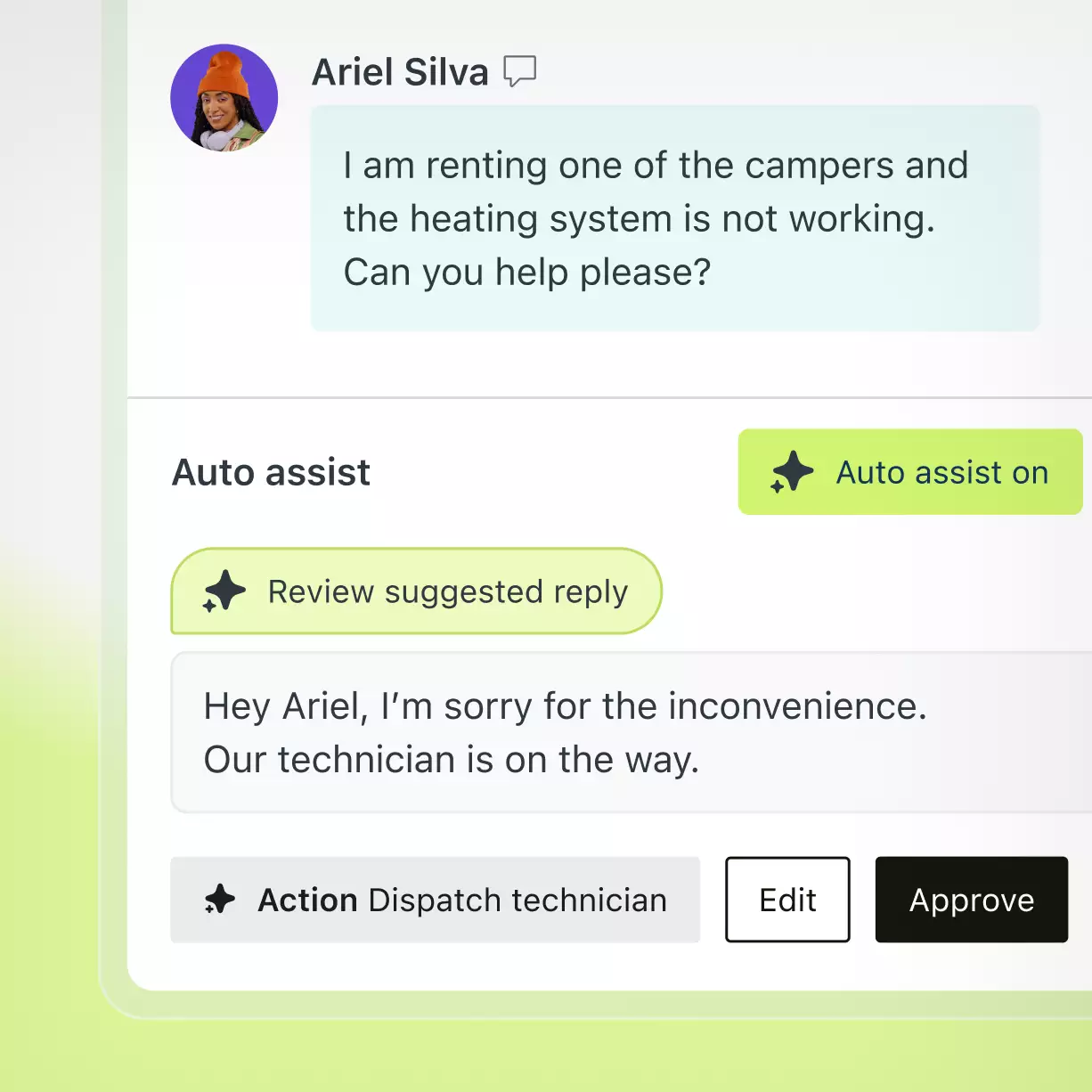 Zendesk Copilot Auto Assist UI in the agent workspace showing a suggested reply and a Dispatch technician action with Edit and Approve buttons, as taken from Zendesk Copilot