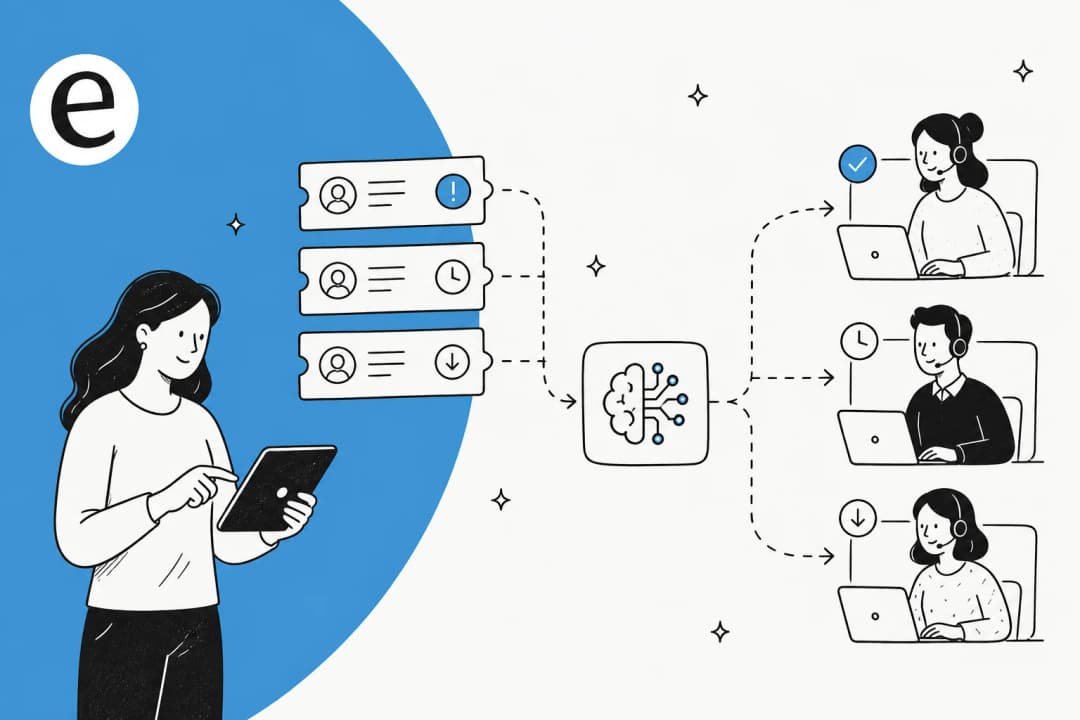Illustration of AI sorting incoming support tickets by urgency into a routed queue