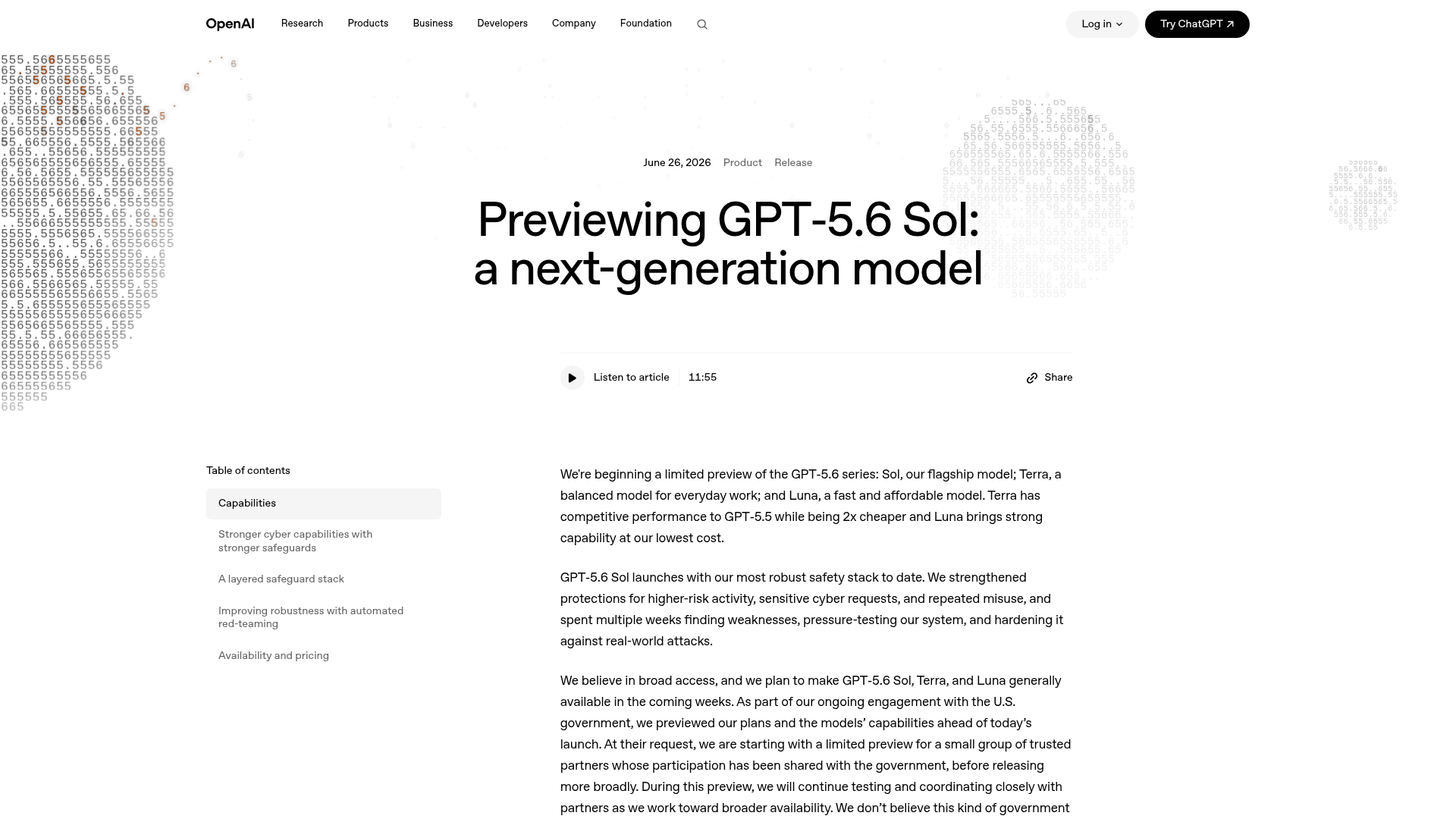 GPT-5.6 Sol preview announcement page from OpenAI