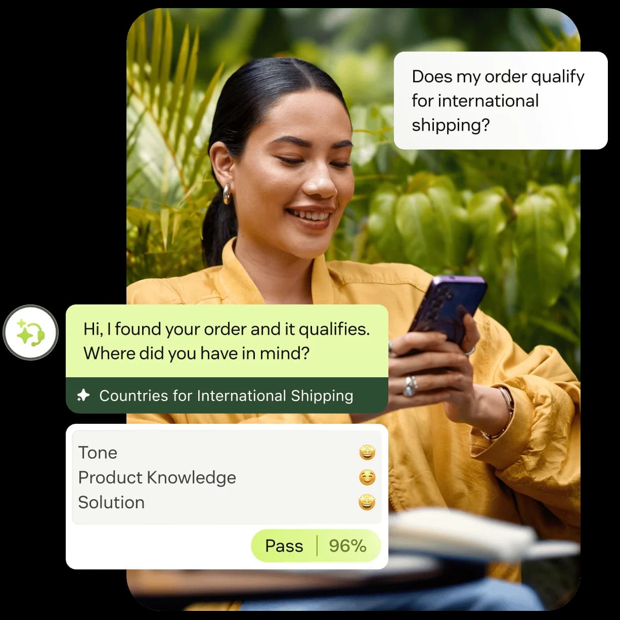 Screenshot of the Zendesk AI agent UI handling an international shipping query with an inline QA score, as taken from Zendesk