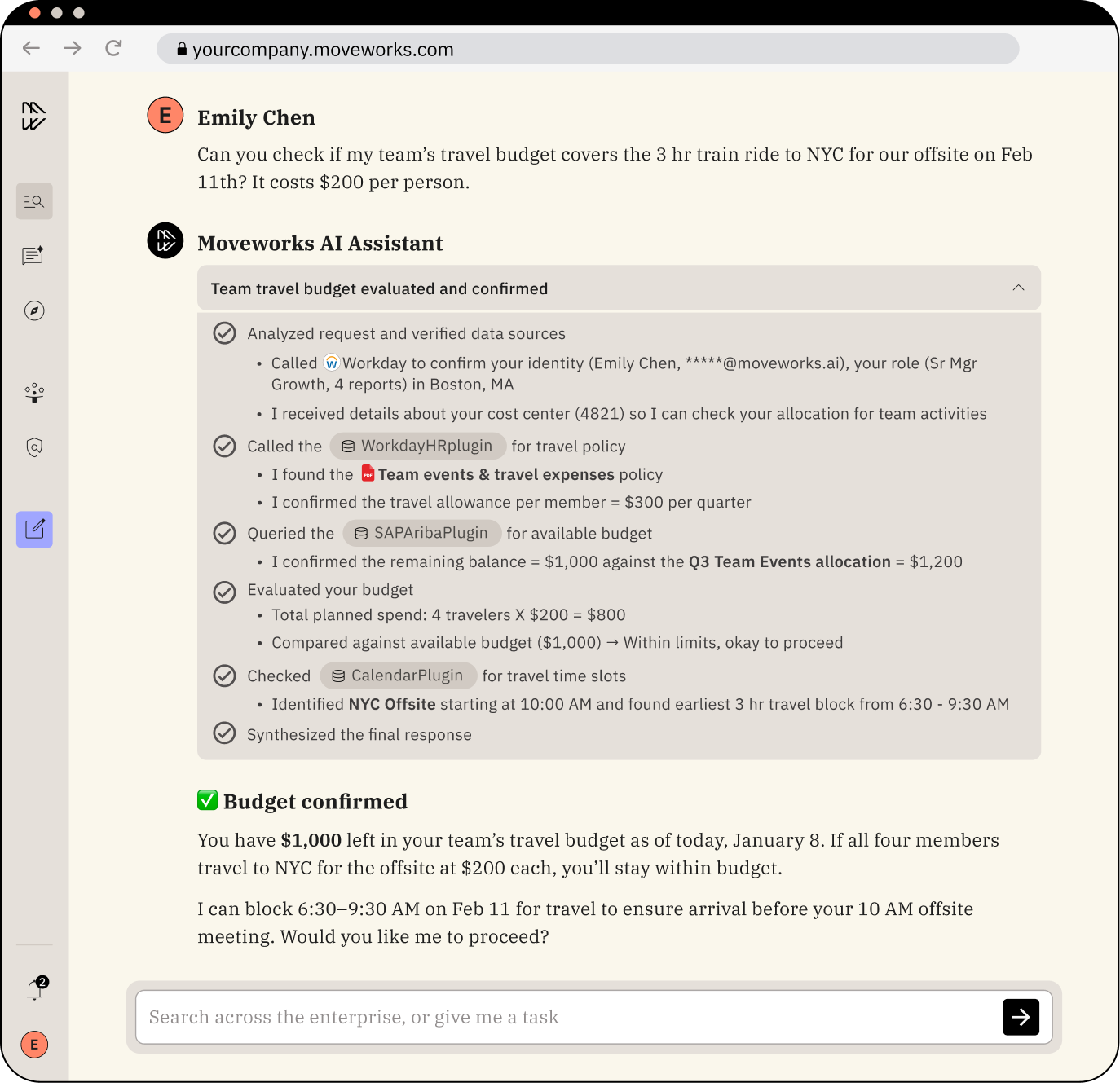 Moveworks AI Assistant working through a multi-step reasoning chain, calling a Workday plugin, an SAP Ariba plugin, and a calendar plugin to confirm a team travel budget, as shown on the Moveworks AI Assistant page