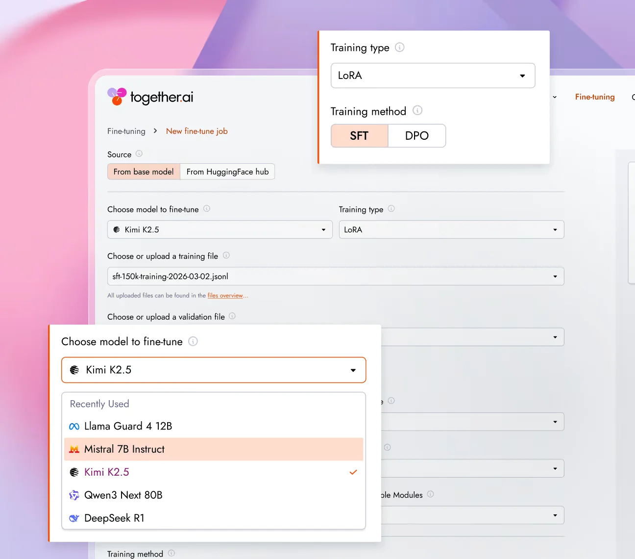Together AI new fine-tune job form showing LoRA selected as the training type, SFT vs DPO toggle, and a model dropdown listing Llama Guard 4 12B, Mistral 7B Instruct, Kimi K2.5, Qwen3 Next 80B and DeepSeek R1, as taken from Together AI