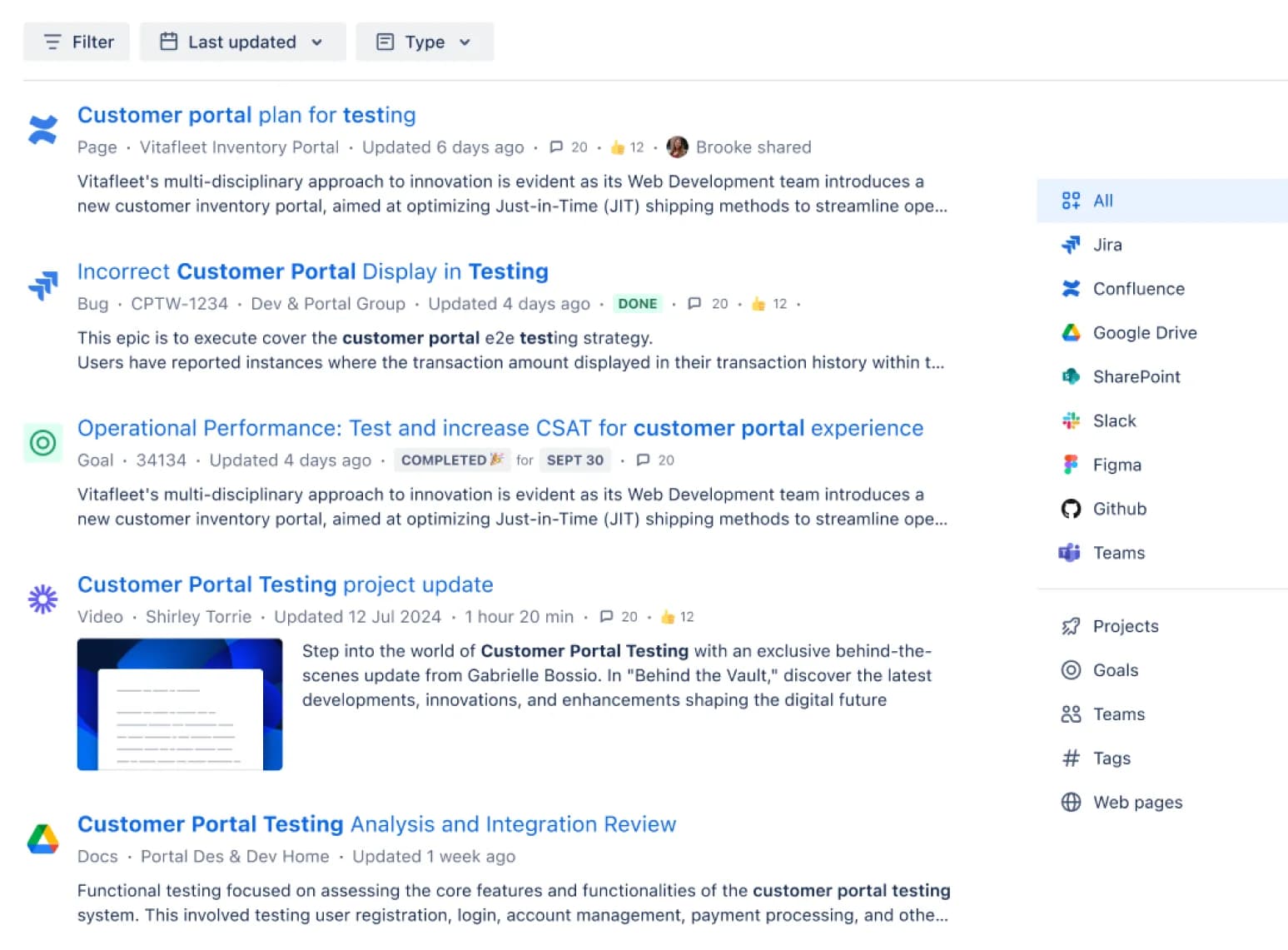 Rovo full-page search results filtered across Atlassian and third-party apps