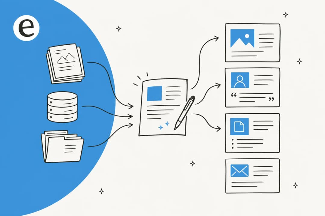 Illustration of an AI B2B content writer turning a company's own sources into blog posts, case studies, white papers, and emails
