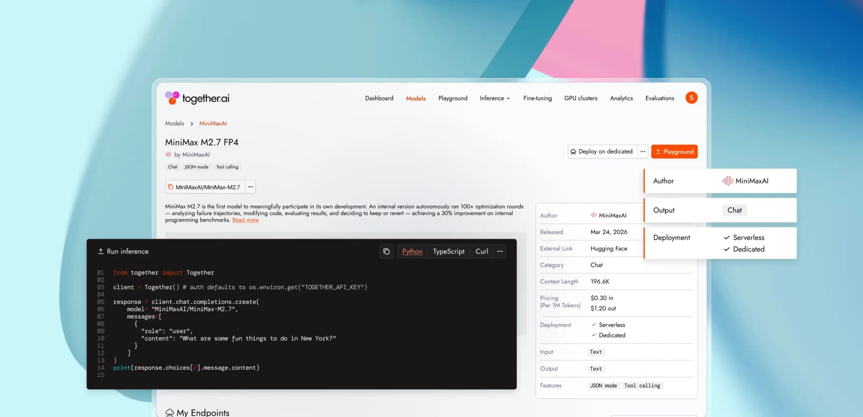 A MiniMax M2.7 model card on the Together AI playground showing per-token pricing of $0.30 input / $1.20 output with serverless and dedicated deploy options and inline run-inference code, as taken from Together AI