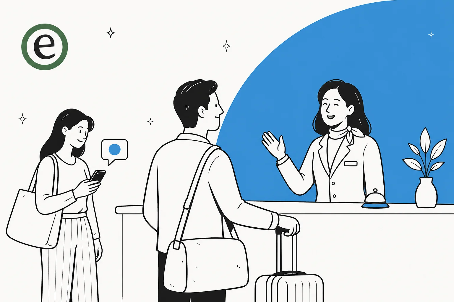 Illustration of a digital hotel concierge greeting a guest and answering messages across channels