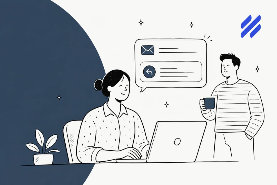 Illustration of a Help Scout support agent reviewing an AI-drafted email reply