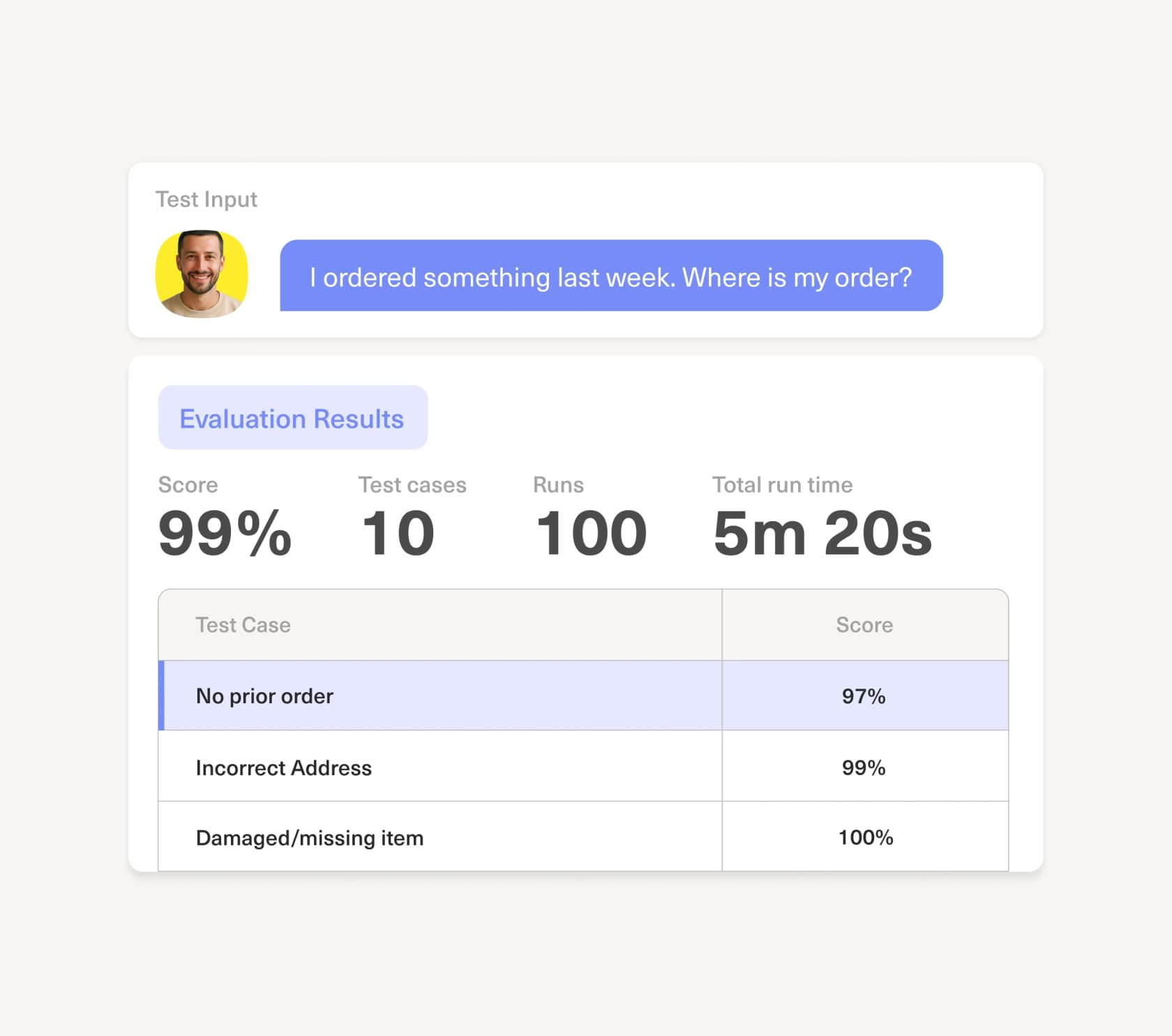 Kustomer's AI evaluation results screen scoring an order-status query at 99% across ten test cases, as taken from Kustomer