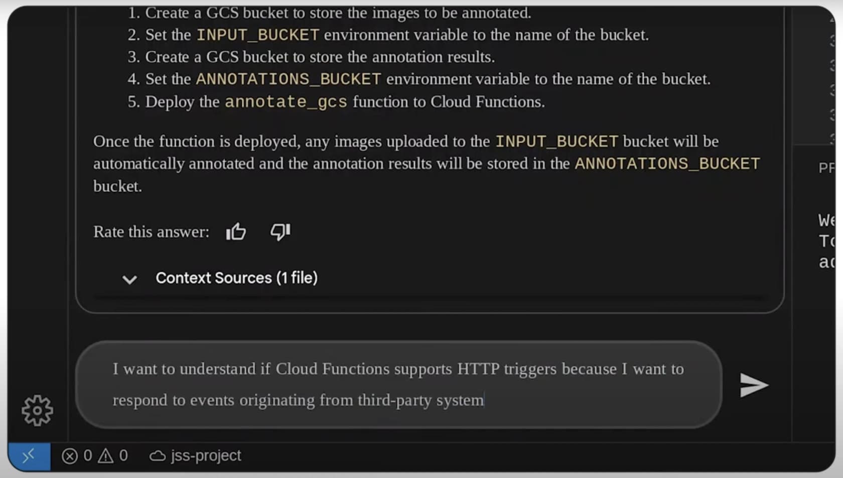 Screen showing prompt in Gemini Code Assist in VS Code, as taken from Google