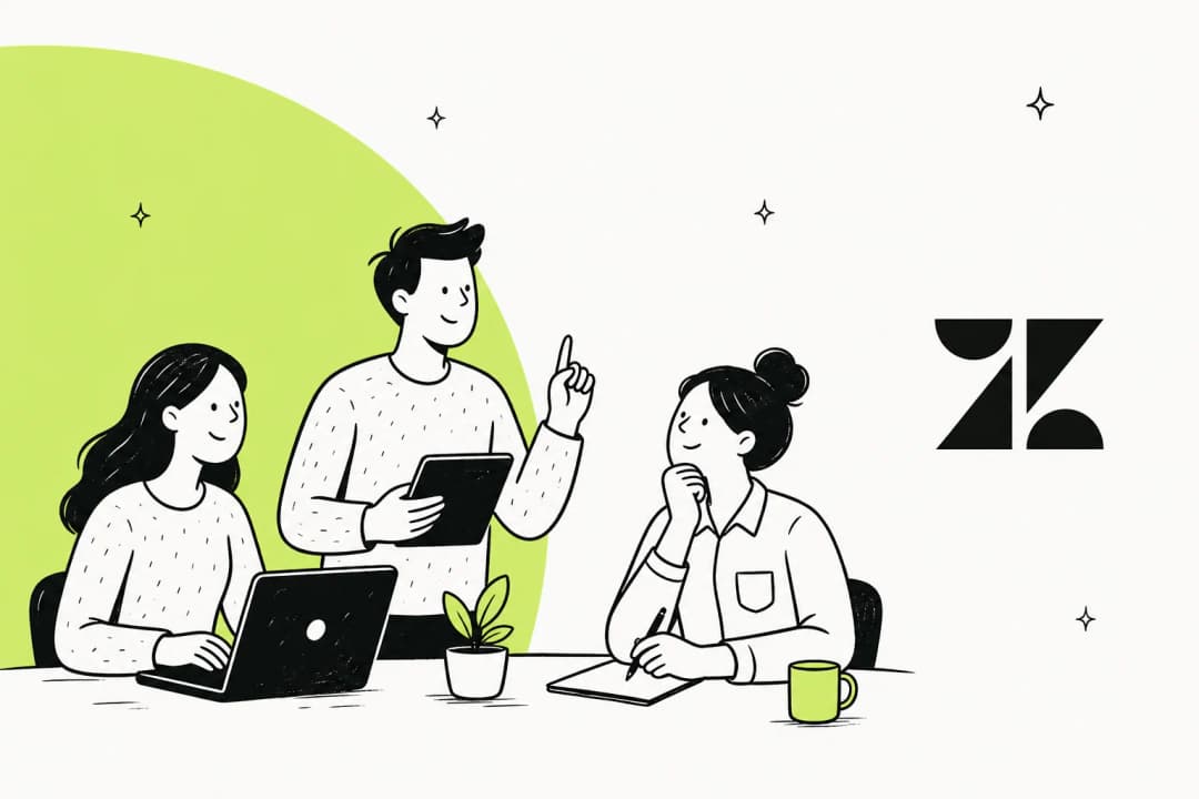 Illustration of a small support team working together, with the Zendesk logo, in Zendesk green