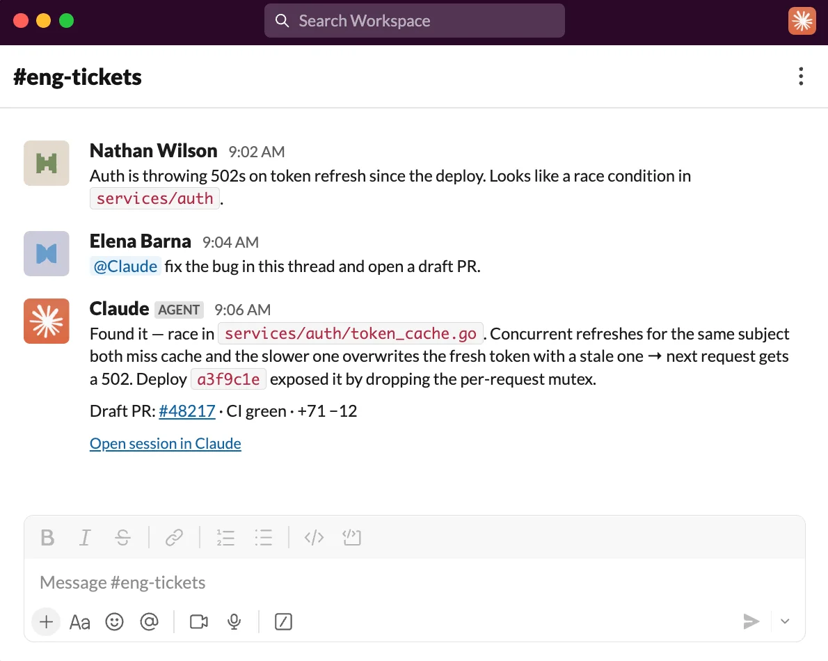 @Claude diagnosing a race condition and opening a draft PR straight from a Slack thread, as taken from Anthropic