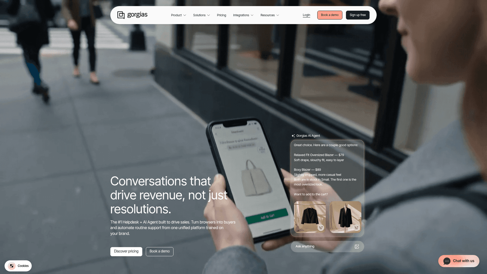 Gorgias homepage showing its ecommerce helpdesk and AI Agent built to drive sales, as taken from Gorgias