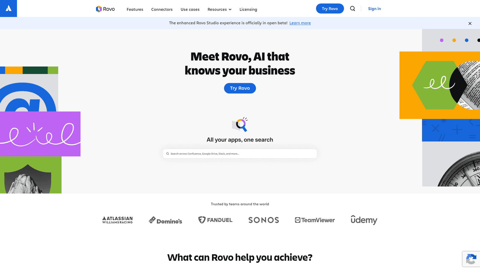 Atlassian's Rovo product page showing smart answers and cross-tool search, from Atlassian Rovo