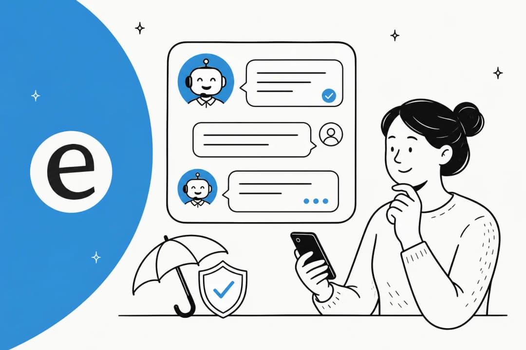 Illustration of an AI assistant helping an insurance customer with a claim, a policy question and a quote inside a support chat