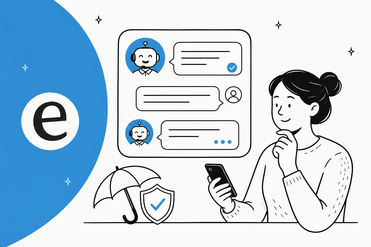Illustration of an AI assistant helping an insurance customer with a claim, a policy question and a quote inside a support chat