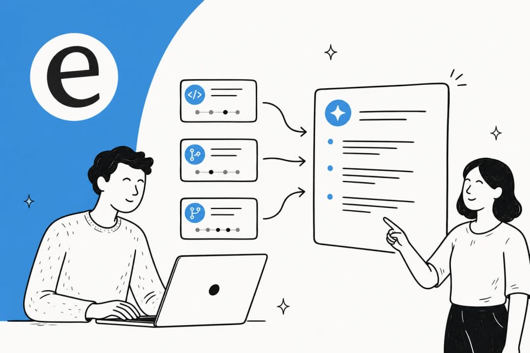 Illustration of a version changelog being assembled from code commits and pull requests