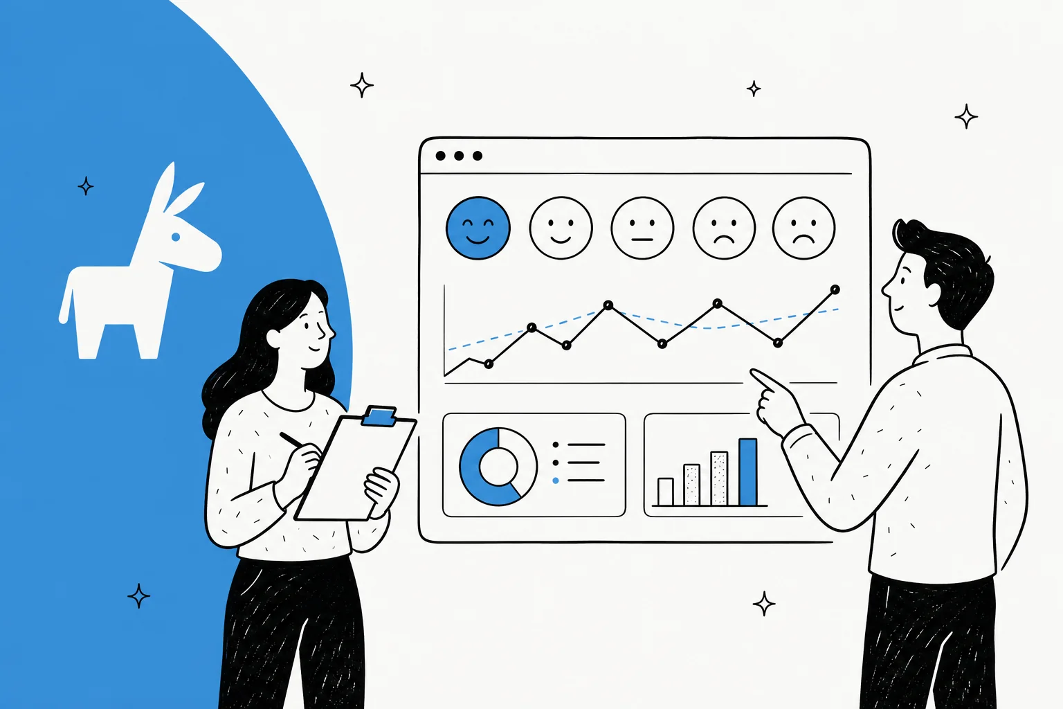 Illustration of a support dashboard tracking customer sentiment trends