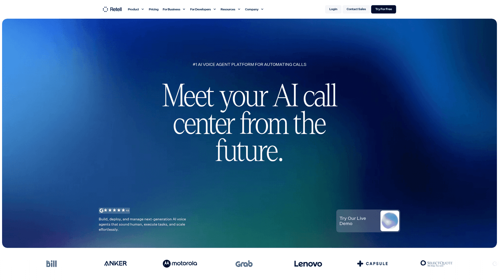 Retell AI voice agent platform homepage, as taken from Retell AI
