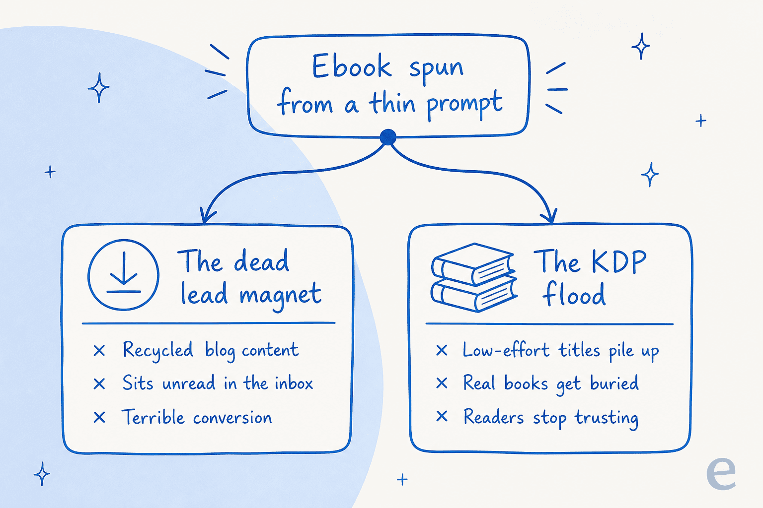 Diagram showing a thin-prompt ebook splitting into two failures: the dead lead magnet and the KDP flood