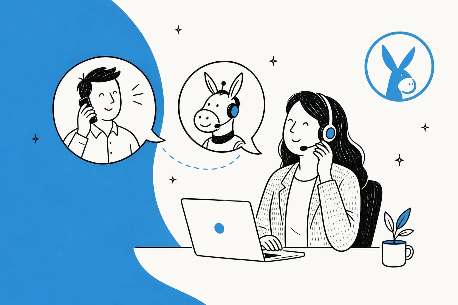 Illustration of a support rep with a headset on a call, with a caller and an AI voice agent in speech bubbles