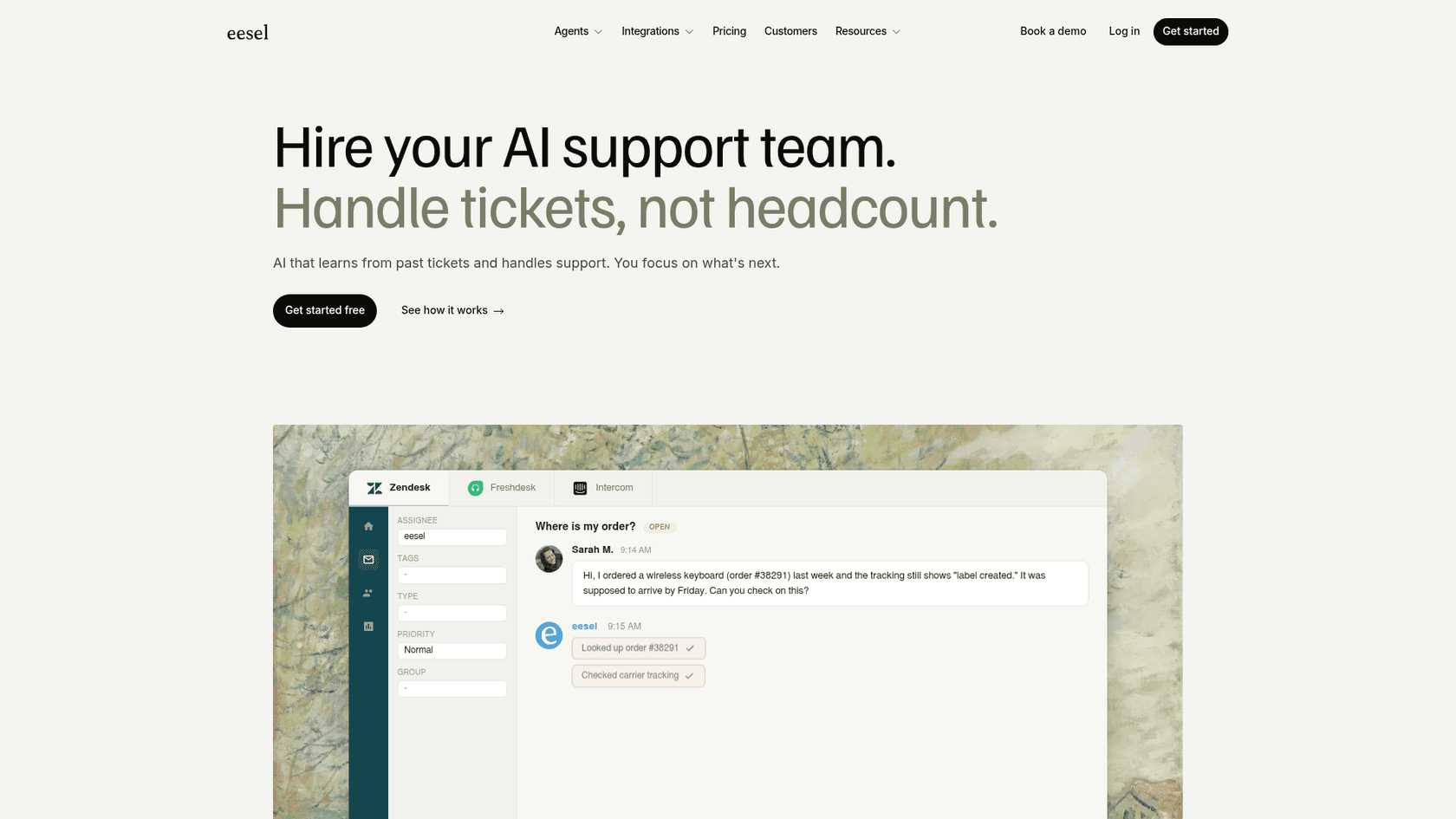 The eesel AI helpdesk agent product page, showing how it connects to existing helpdesks