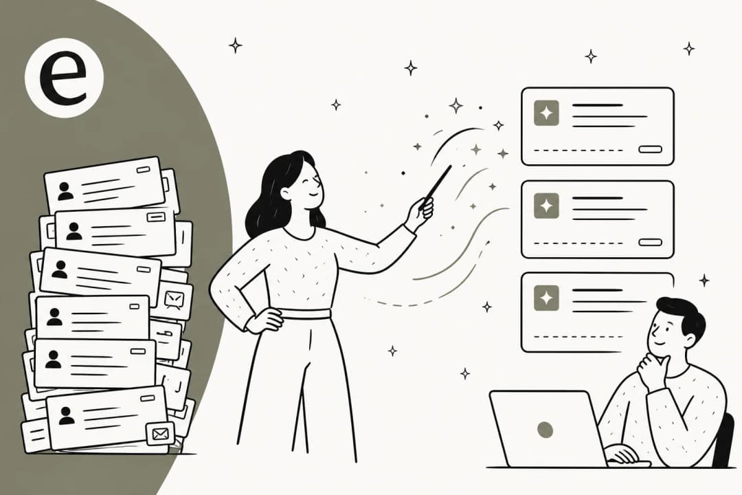 Illustration of a stack of past support tickets being turned into reusable reply templates