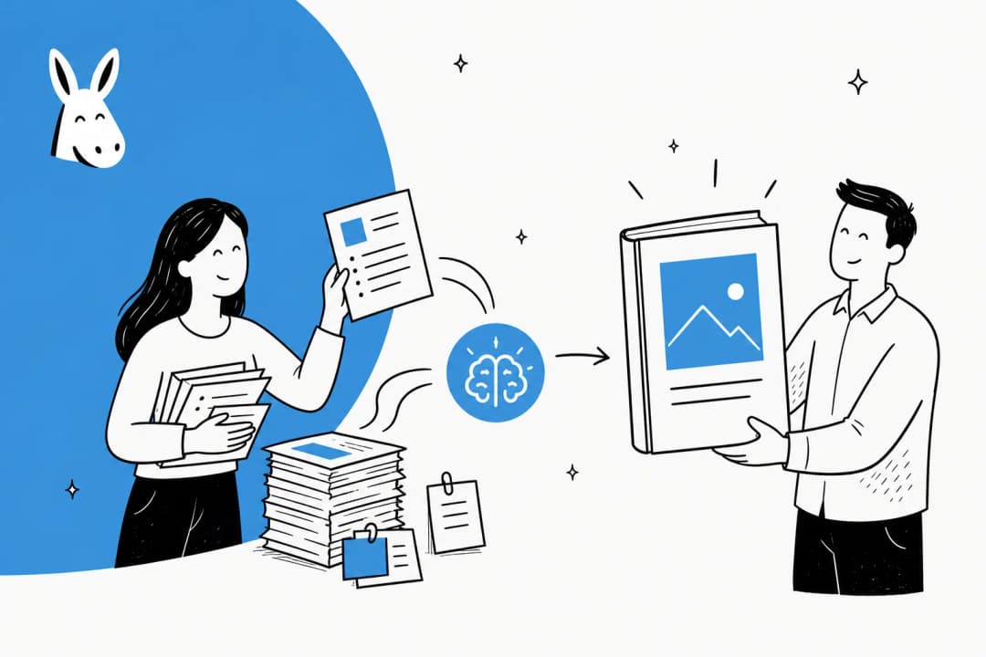 Illustrated banner of an ebook being assembled from a stack of documents and notes