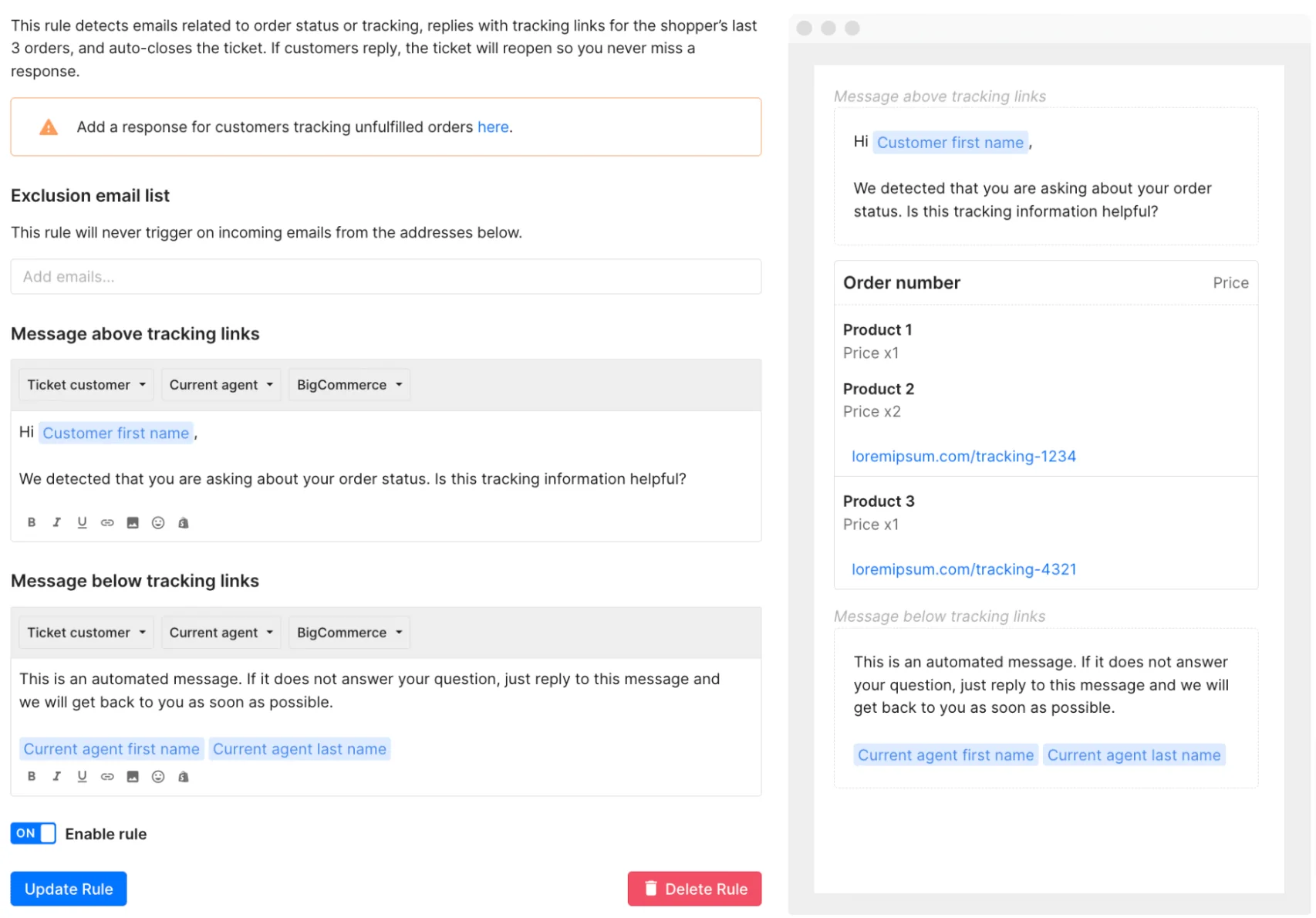Gorgias rule editor for an order-tracking auto-reply, with message fields on the left and a live customer-facing preview showing tracking links on the right, as taken from Gorgias