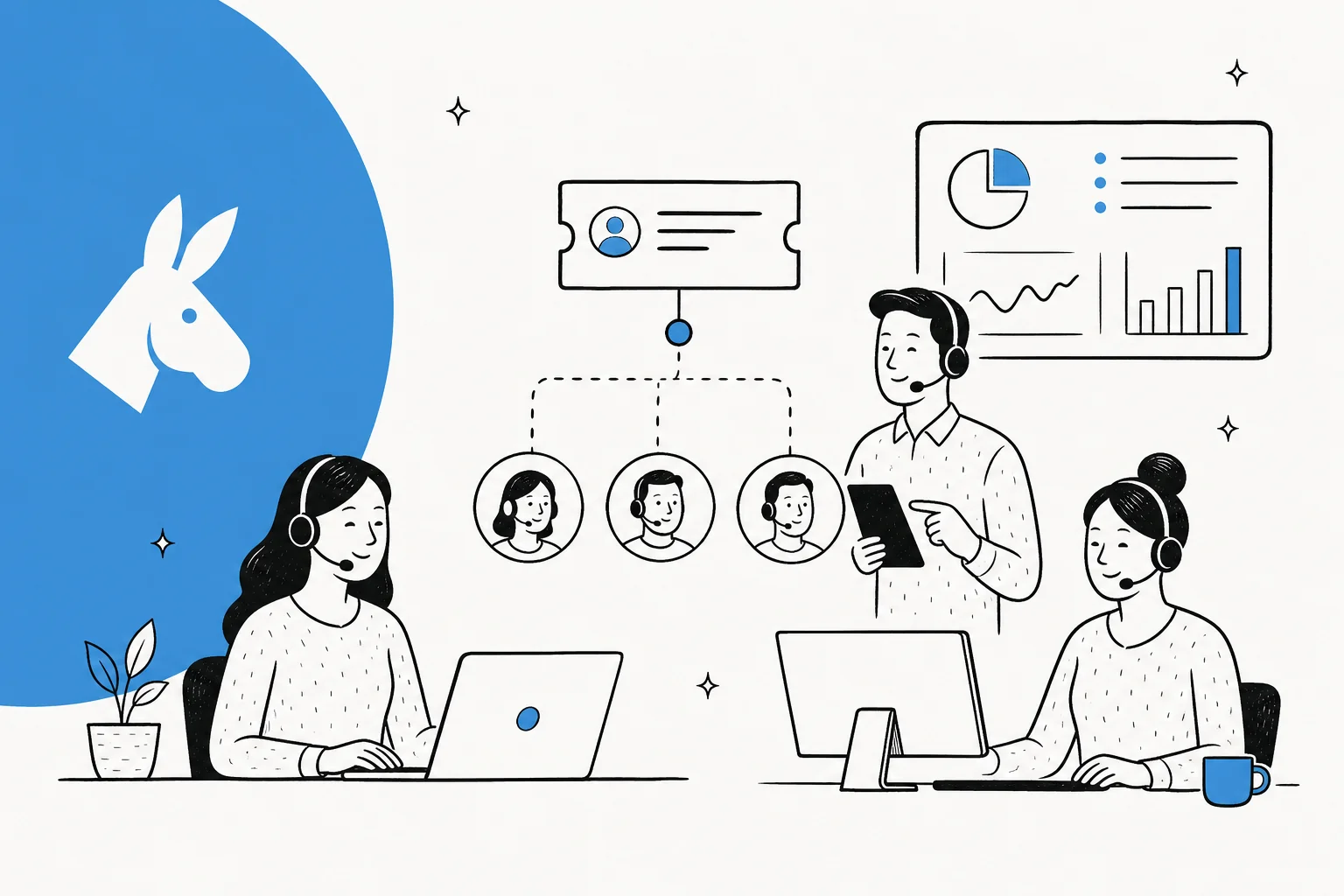 Illustration of a contact center team working across channels, dashboards and ticket routing