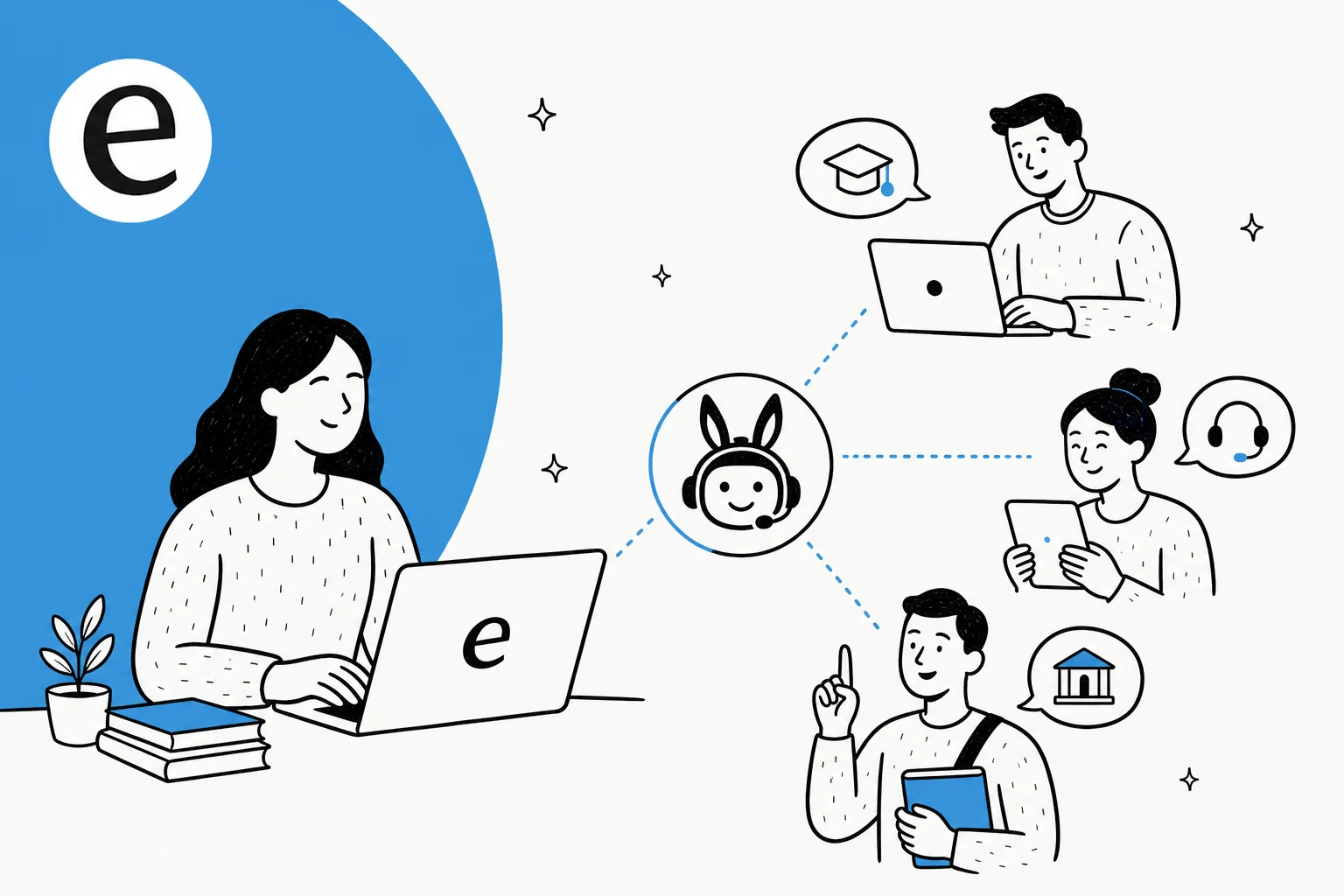 Illustration of an AI customer service agent helping students, instructors, and parents on an edtech platform