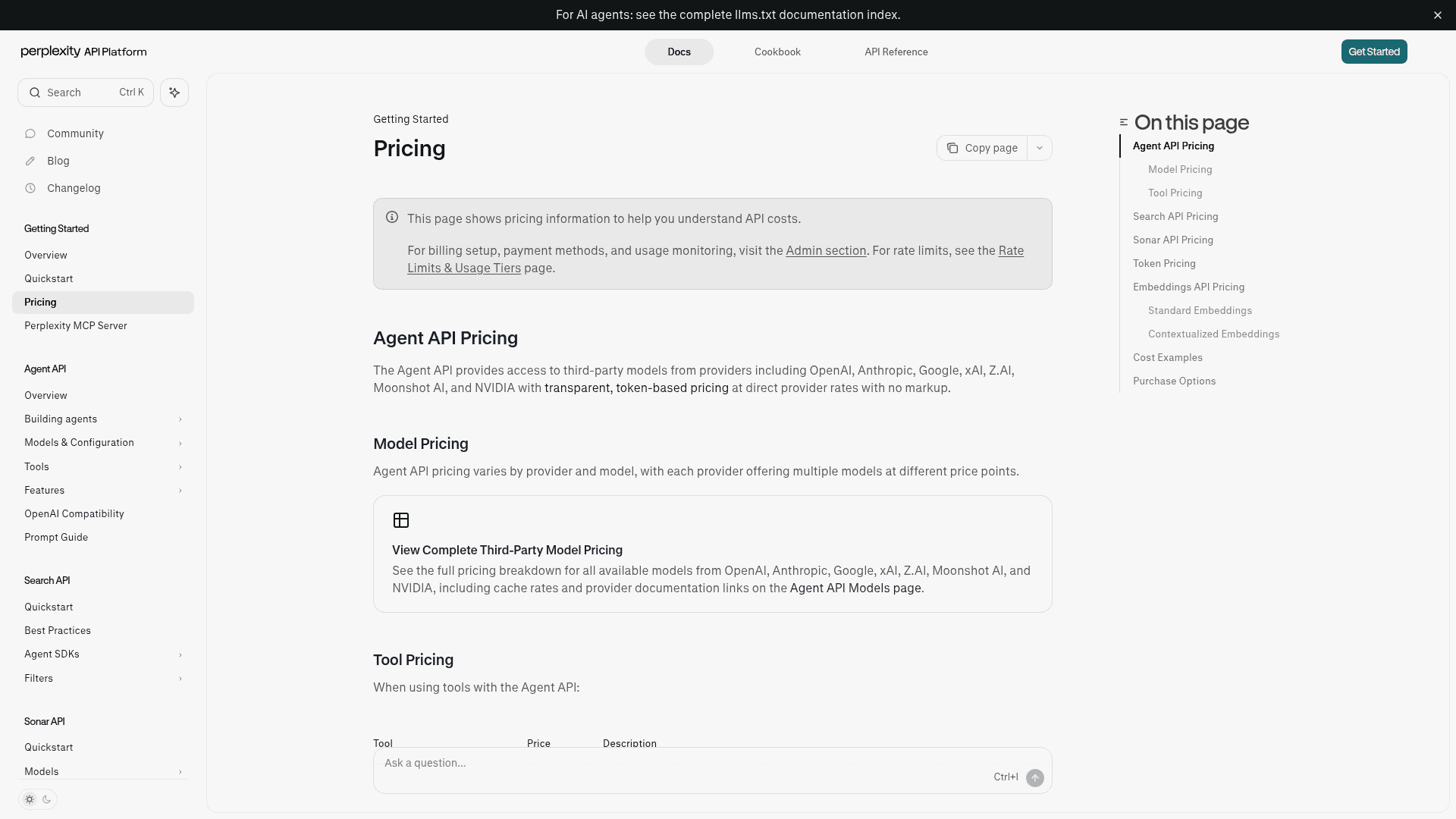 A screenshot of the Perplexity Sonar API pricing page, showing the separate token-based cost structure, as taken from Perplexity's developer docs.