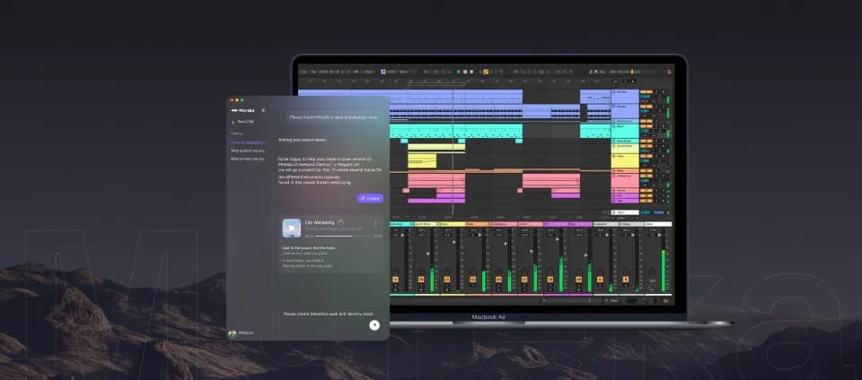 Mureka AI plugin showing a chat interface on the left and a full DAW track view on the right, running on a MacBook Air