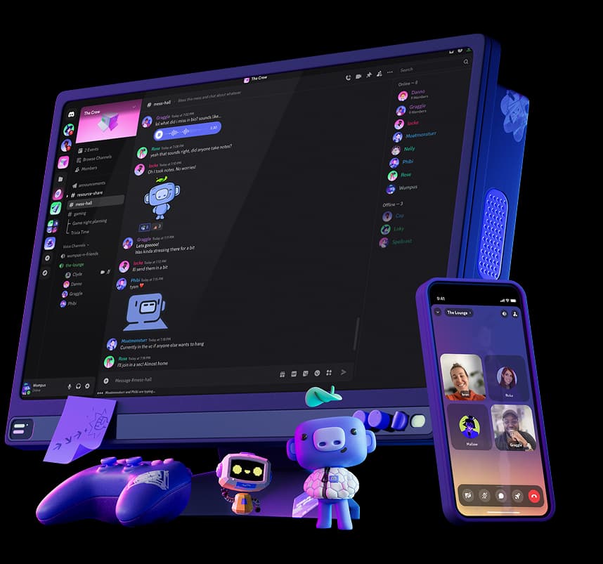 Discord desktop and mobile interface showing channels, messaging, and the Discord robot mascot, as taken from Discord