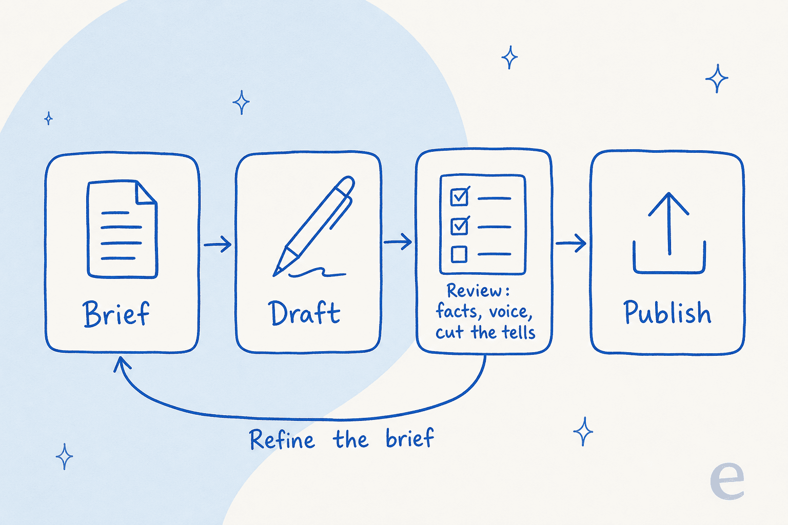 The brief-to-publish loop: brief, draft, review for facts and voice and AI tells, publish, then refine the brief and repeat