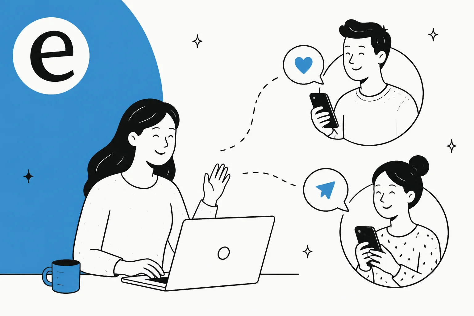 Illustration of a support agent messaging two customers across channels