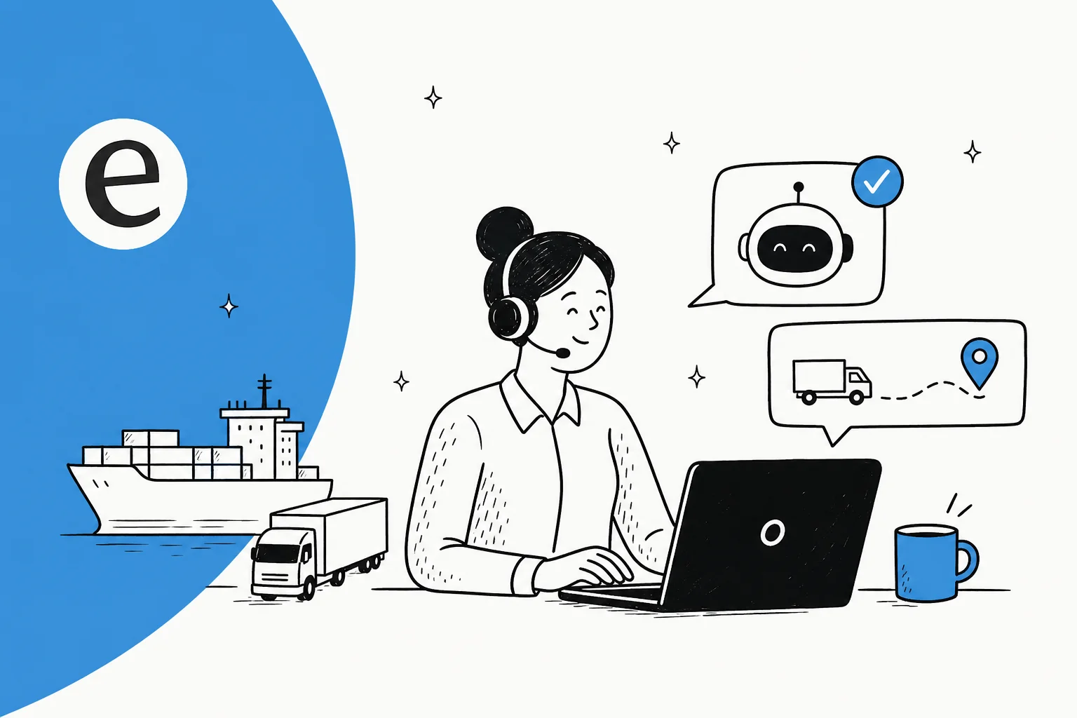 Illustration of an AI support agent routing logistics queries about orders, deliveries, and shipping
