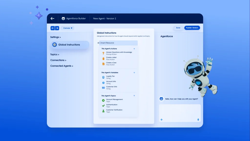 Salesforce Agentforce Builder showing global instructions, actions and a live agent preview, as taken from Salesforce